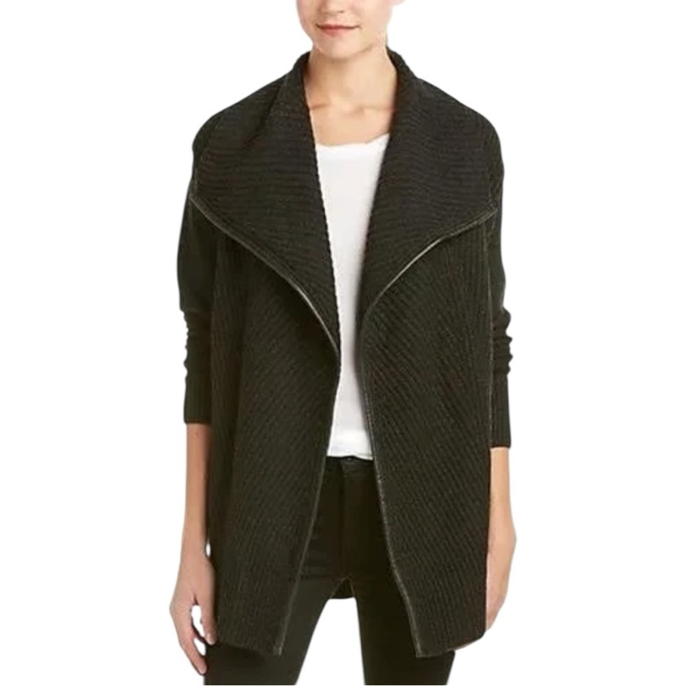 Vince Wool Yak Blend Leather Trim Open Front Cardigan Sweater In Gray Black Sz S